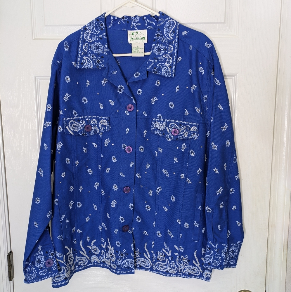 Quacker Factory Blue Button Up Bandana Inspired Jacket Women's 1X